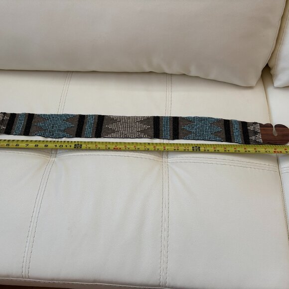 Blue/Gray Beaded Mosaic Stretch Belt with Wood Clasp - Picture 4 of 4